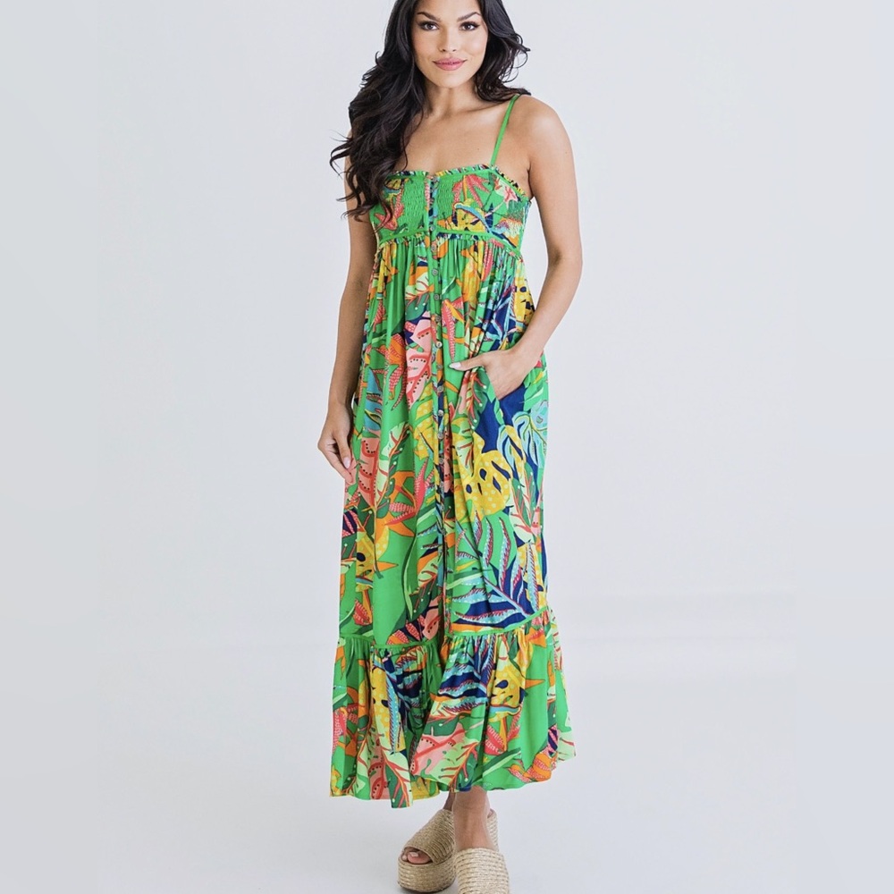 NWOT KARLIE Green Tropical Maxi Dress